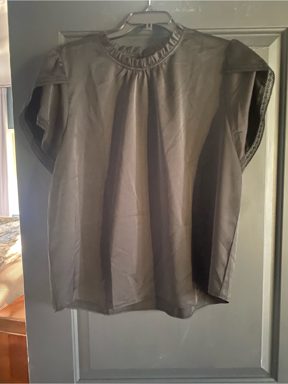 J. Crew Black Short Sleeve Ruffle Neck Blouse